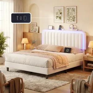 Modern luxurious LED lighting soft bed frame, with suede leather headboard, intelligent APP for adjustable lighting, steel crossbeam support without noisy crossbeam base, modern and soft style bedroom furniture, without mattress