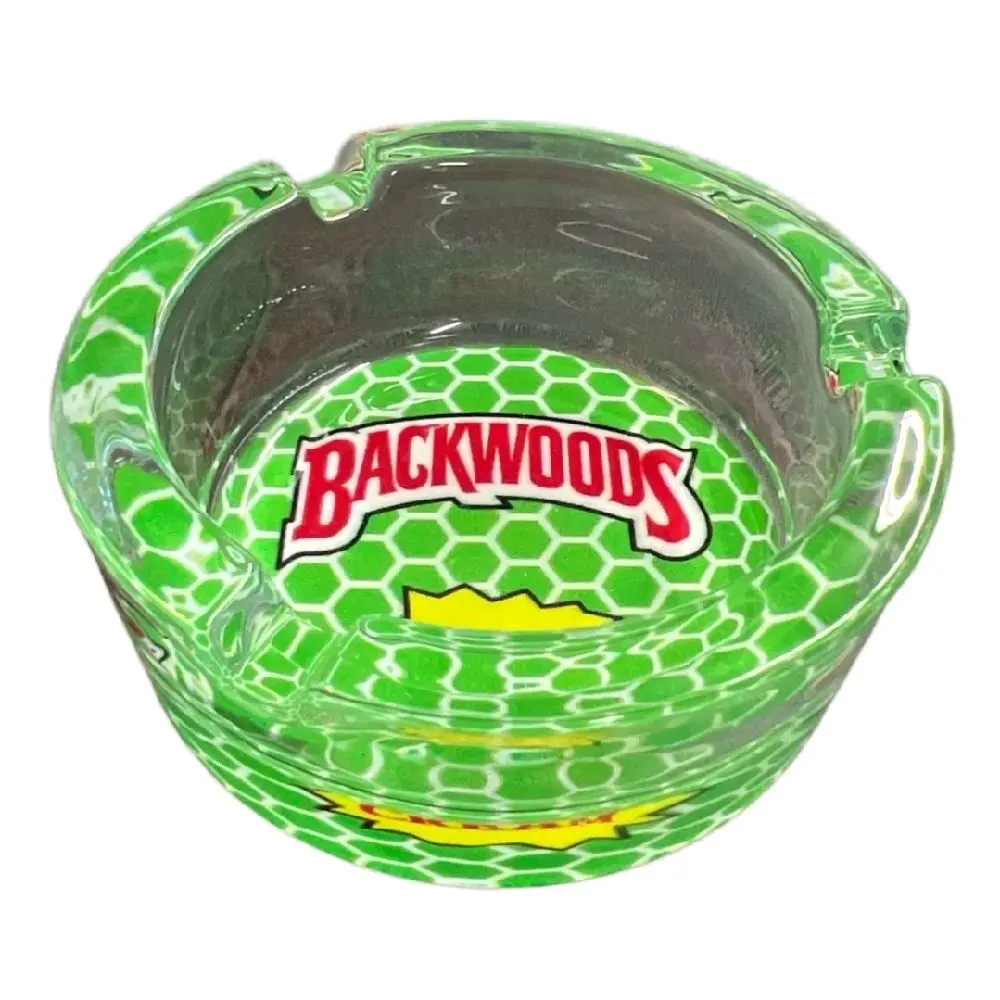 Backwoods Round Glass Ashtray - 2.5" Compact Green Heavy Glass Lighter Accessory with Attractive Print, Home Supply, Room Decor