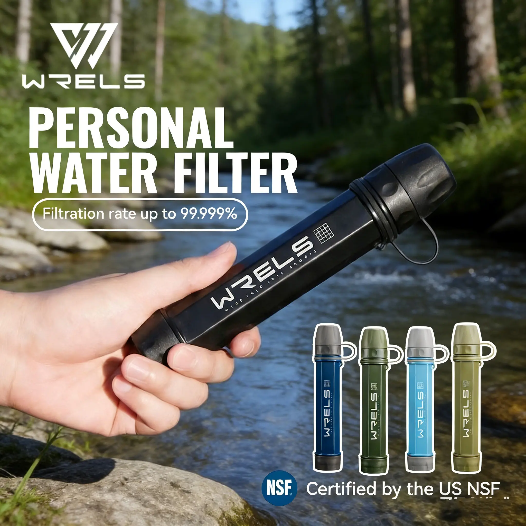 Compact Portable Water Purifier, 99.99% Filtration Rate, Ideal for Outdoor Use, Camping, Emergency Survival, Lightweight Design