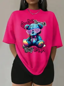 Women's Cartoon Bear Print Round Neck Tee, Vintage Trendy Chic Casual Drop Shoulder Half Sleeve T-shirt Top For Daily Wear, Ladies Summer Outfit, Clothing
