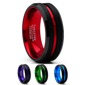 Men's Tungsten Carbide Ring Grooved Wedding Band Color Interior 8MM Blue Red Green Red