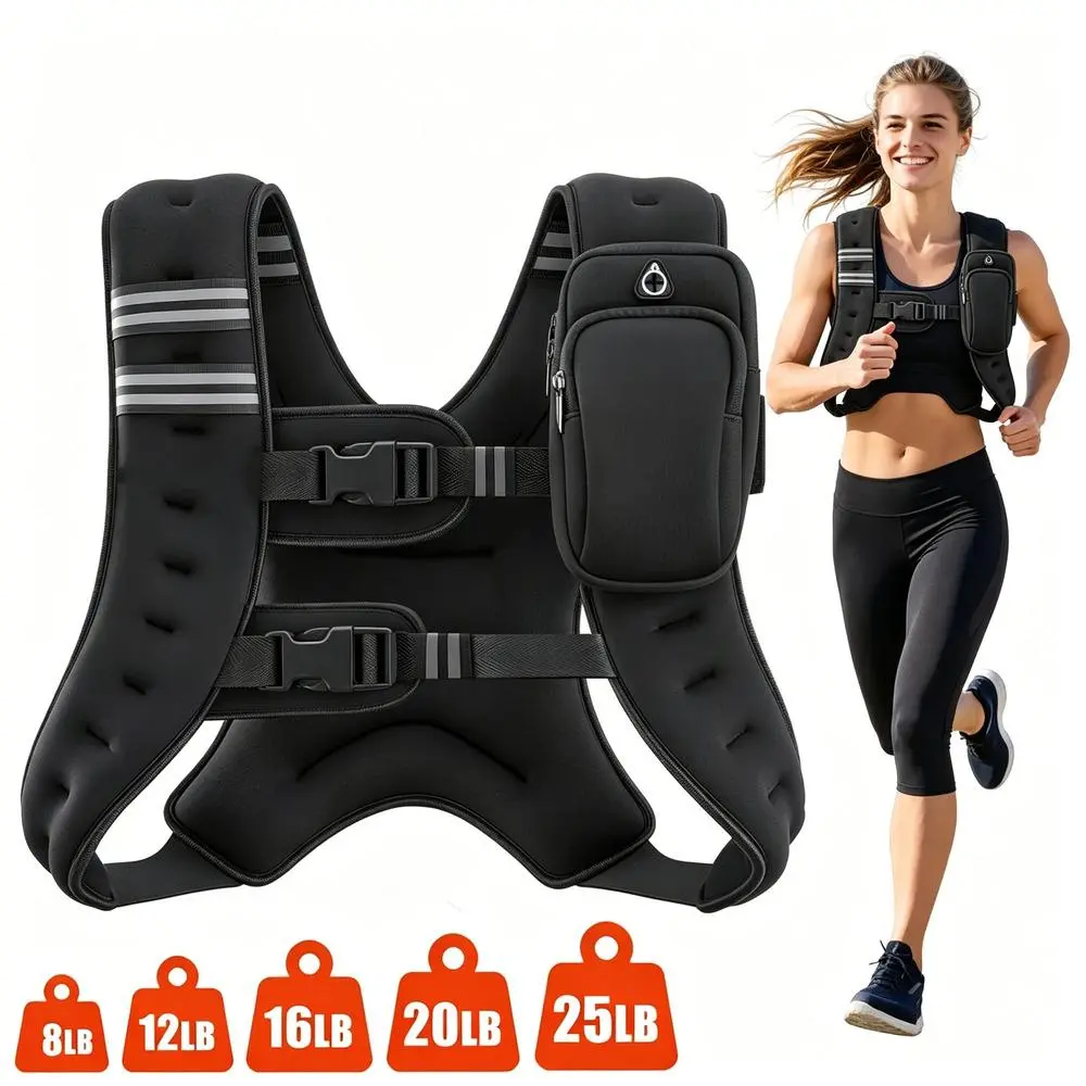 Weighted Vest 8-25lbs Removable Weight Blocks Anti-Bounce Rucking Vest Reflective Tape, Breathable Mesh Pocket Workout Equipment Outdoor Gym Training
