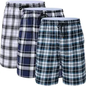 Men's 3-Pack Summer Woven Pajama Short Cotton Plaid Sleepwear Shorts Button Open Fly with Pockets Loungewear Fabric