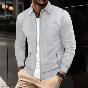 Men's Spring and Autumn Youth Waffle Zipper Pocket Turn-down Collar Slim Fit Cardigan Men's Jacket Coat
