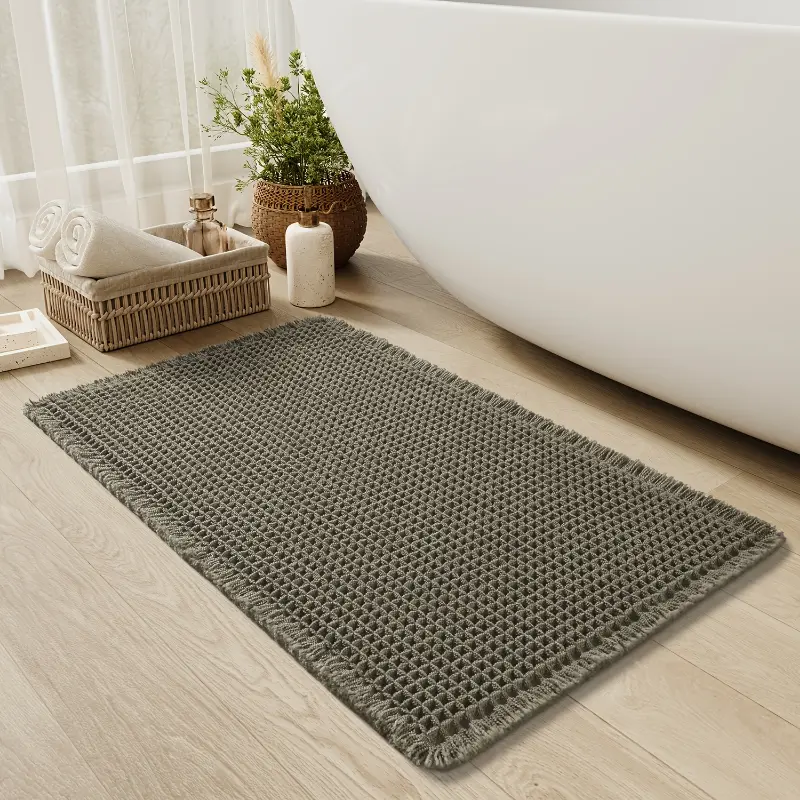 [Ultra-Absorbent Waffle Bath Mat] SIXHOME Ultra-Absorbent Waffle Bath Mat - Non-Slip, Machine Washable, Rubber Backed Polyester Blend - Tassels Rug for Bathroom Floor Rectangle Green