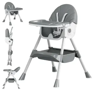 High Chair For Toddler, Grey, Baby High Chair, 5 in 1 High Chairs for Babies and Toddlers, Travel Foldable High Chair with Foot Rest, Detachable PU Cushion, Double Removable Tray, Adjustable Height & Recline