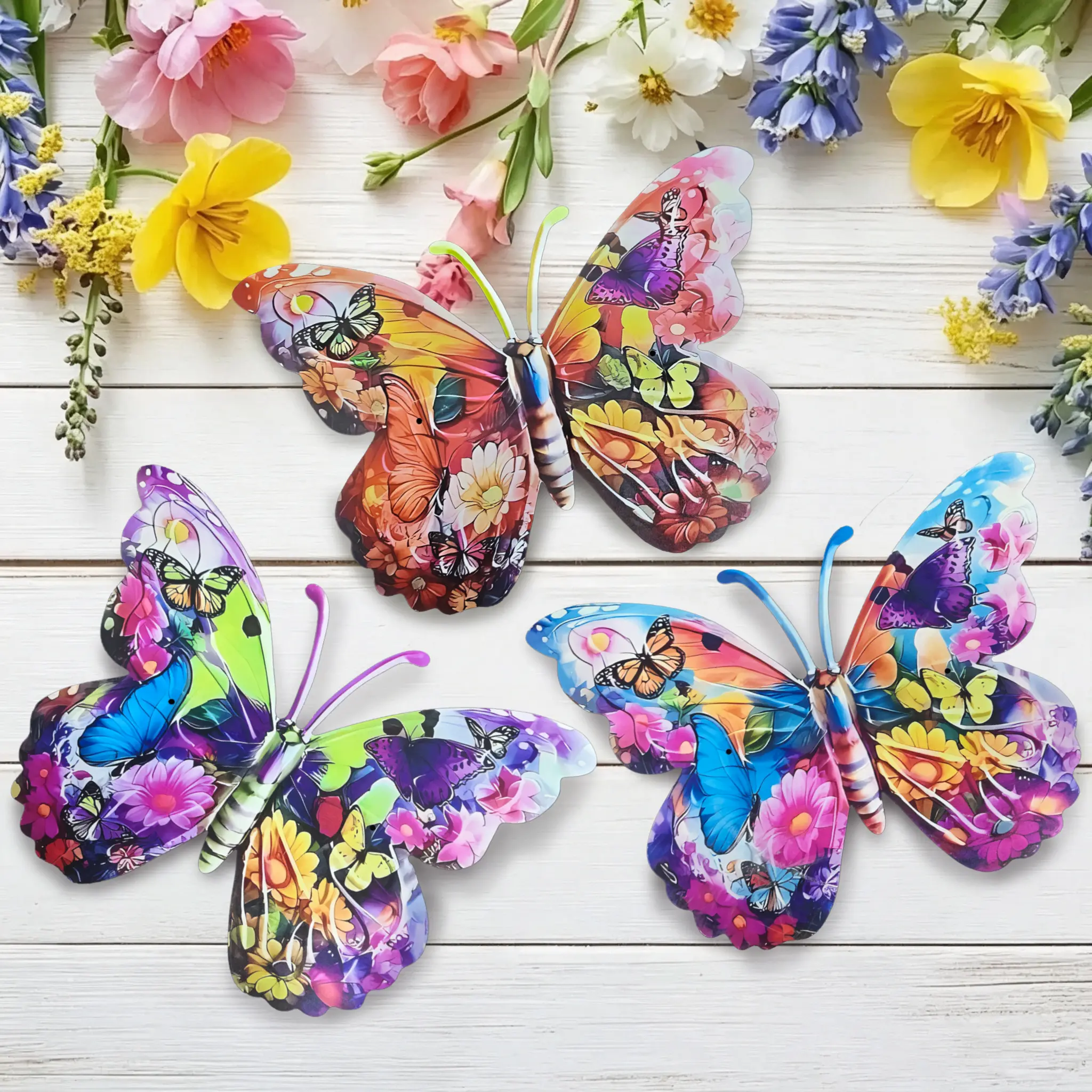 14.57" Flat Painted Solid Iron Butterfly Wall Decor – Outdoor Fence Hanging Ornament, Summer Indoor/Outdoor Decoration for Balcony, Bedroom, Patio, Porch, Entryway, Apartment Wall, Poolside & Gazebo – Available in 1 & 3-Piece Sets