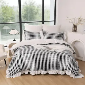 3Pcs Ruffled Gingham Duvet Cover Set, Black White Plaid Bedding Set with 2 Pillow Shams Not Pillow Core, Soft Microfiber Checkered Comforter Cover, Cute Aesthetic Room Decor for Dorm Bedroom, All Season Use, Comforter Not Included