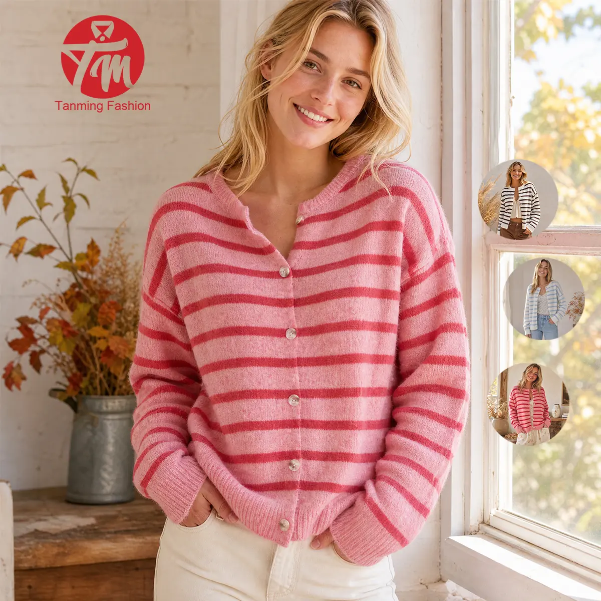Tanming Women's Striped Cardigan Sweater Trendy Long Sleeve Button Down Crewneck Knit Cardigans