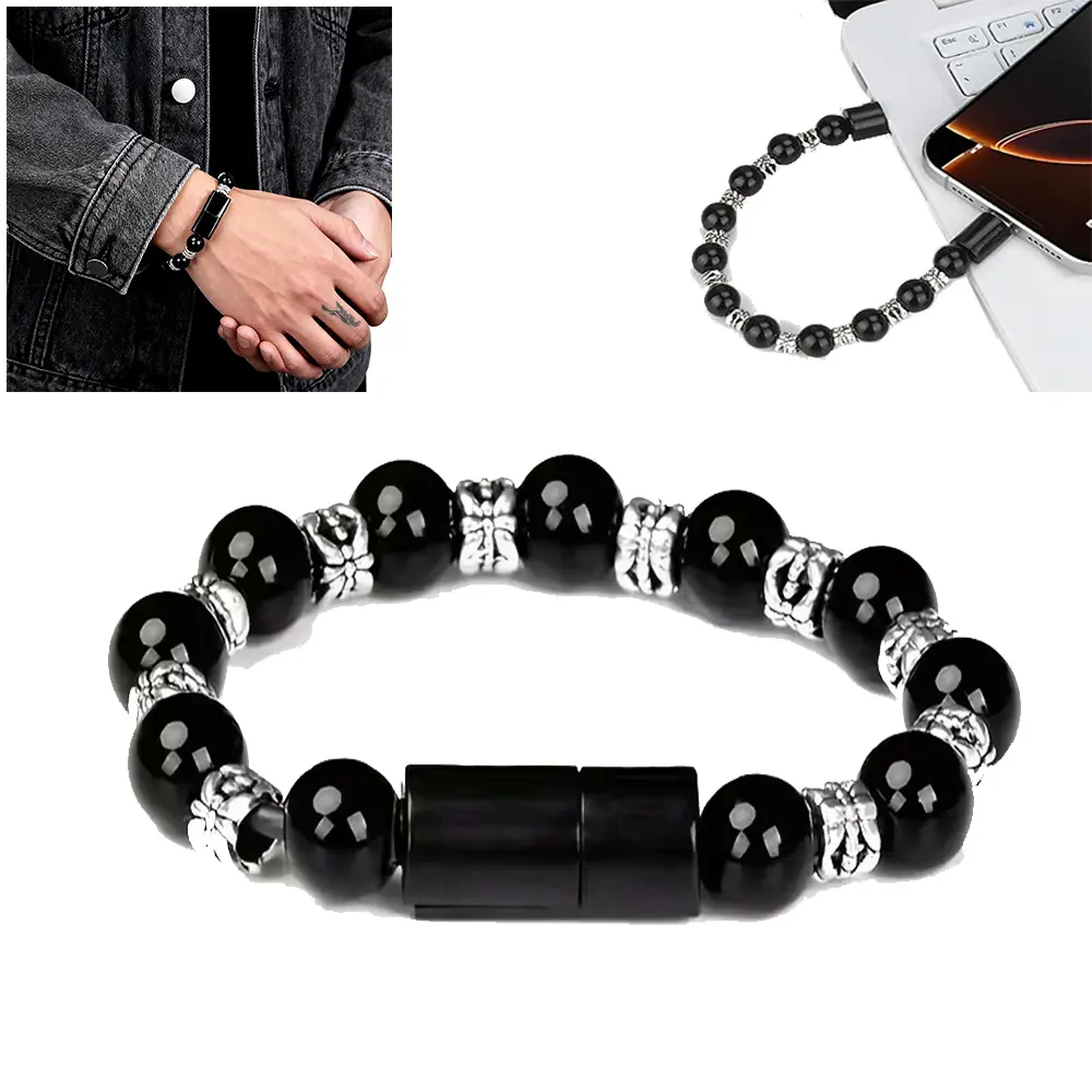 2-in-1 Beaded Bracelet Charging Cable - Wearable USB Charger for Mobile, Smartphone, Cellphone with Type-C & Lightning Fast Charging Compatibility