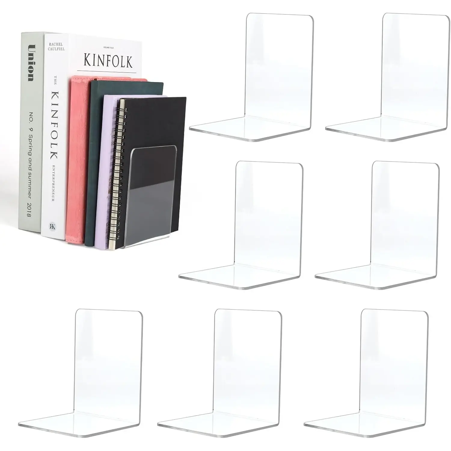 8 Pieces Bookends,Clear Acrylic Bookends for Shelves,Heavy Duty Book Ends and Desktop Organizer,Book Stopper for Books/Movies/CDs,Car Interior Accessories Office Supplies