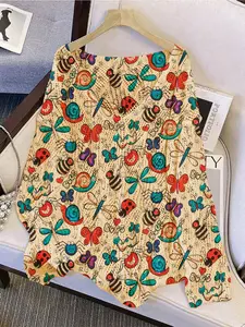 Elegant Women's V-Neck Sweater with Floral Butterfly Bee Print, Loose-Fit Long Sleeve Knitwear for All Seasons, Breathable Daily Wear