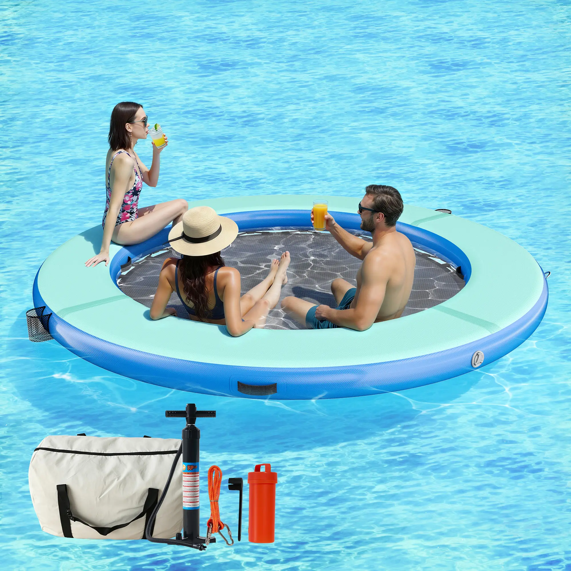 VanAcc Hexagon/Circle/Triangle 8FT/10FT/12FT Inflatable Water Hammock for Adults, Floating Raft Dock Platform with Mesh, Heavy Duty Water Float Dock for Lake Beach Party