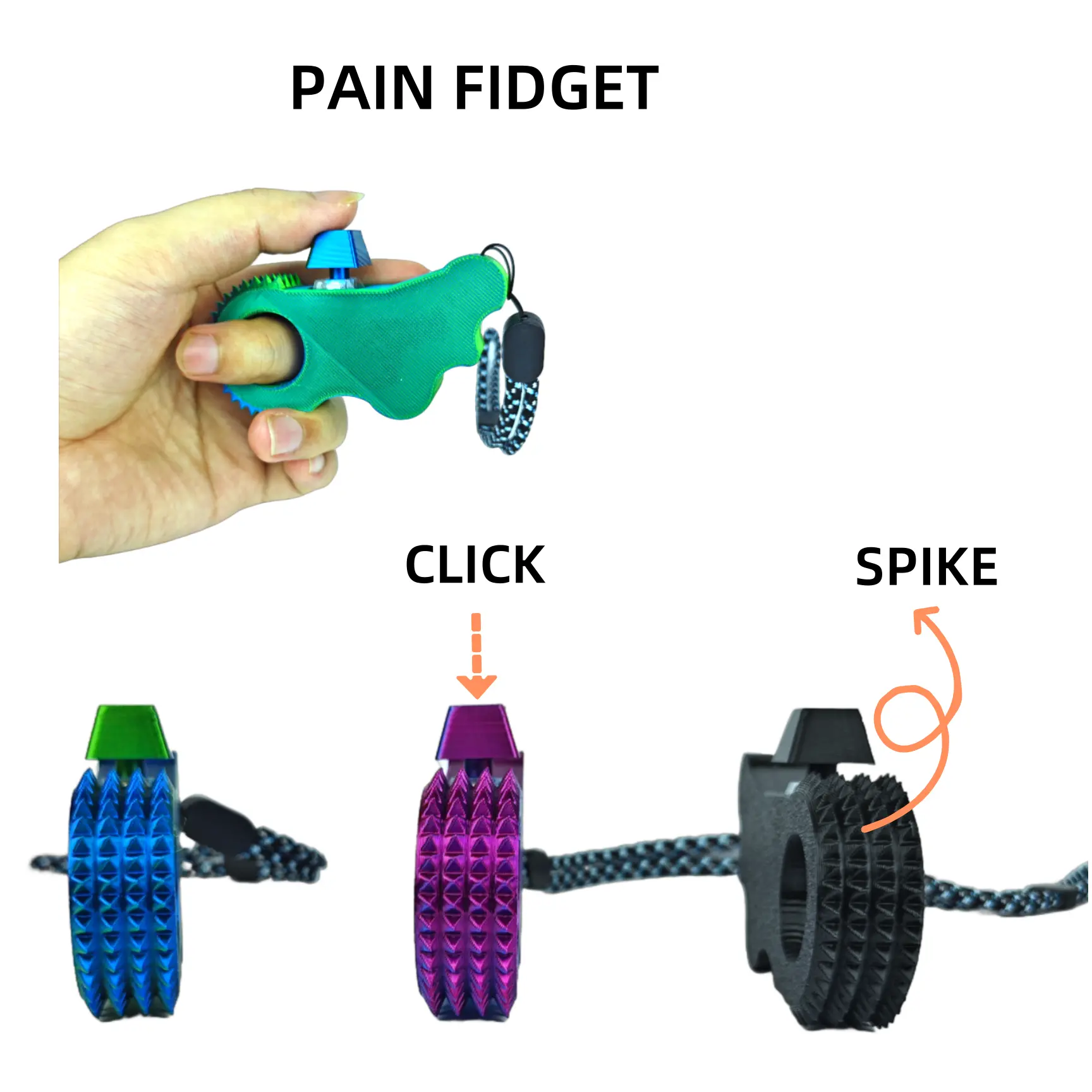 Spiked Clicker Fidget Spinner Textured for Pain Stimming Stress Relief ADHD Anxiety and Concentration with Rope Attachment