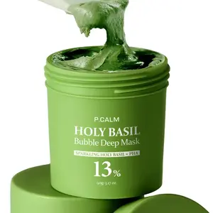 P.CALM Holy Basil Bubble Deep Mask 13% – Skin Detox Recipe K-Beauty Clay Bubble Mask with Sparkling Holy Basil & PHA, Gently Detoxifies Pores and Removes Blackheads, Korean Wash-Off Pack for Clearer Skin, 90g