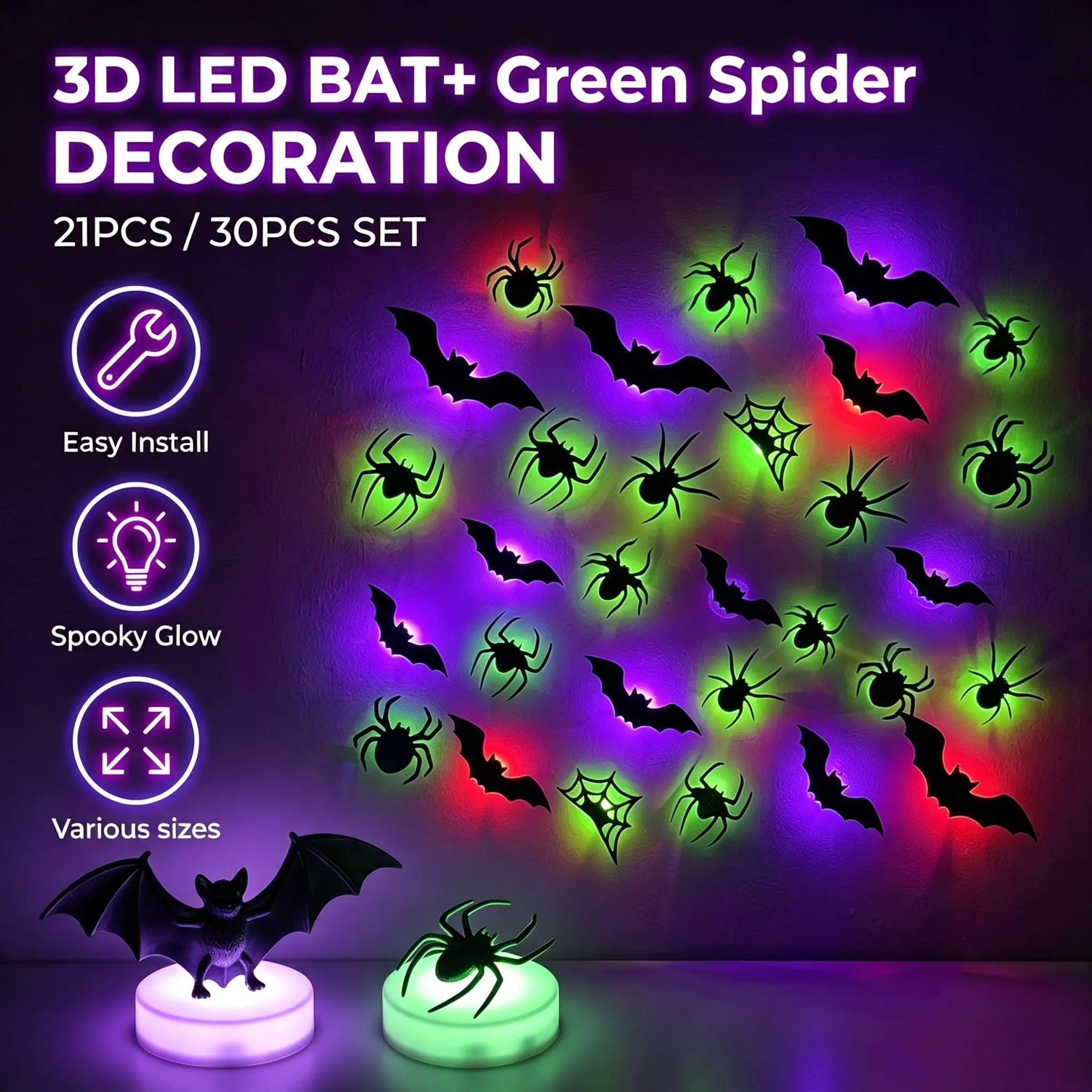 21/30Pcs Halloween 3D LED Bat & Spider Wall Lights - 3D Effect, Spooky Glow, Waterproof PVC Purple & Green Glowing Wall Stickers, Battery-Powered Home Party Decor (Home, Door), Wall Decor Aesthetic