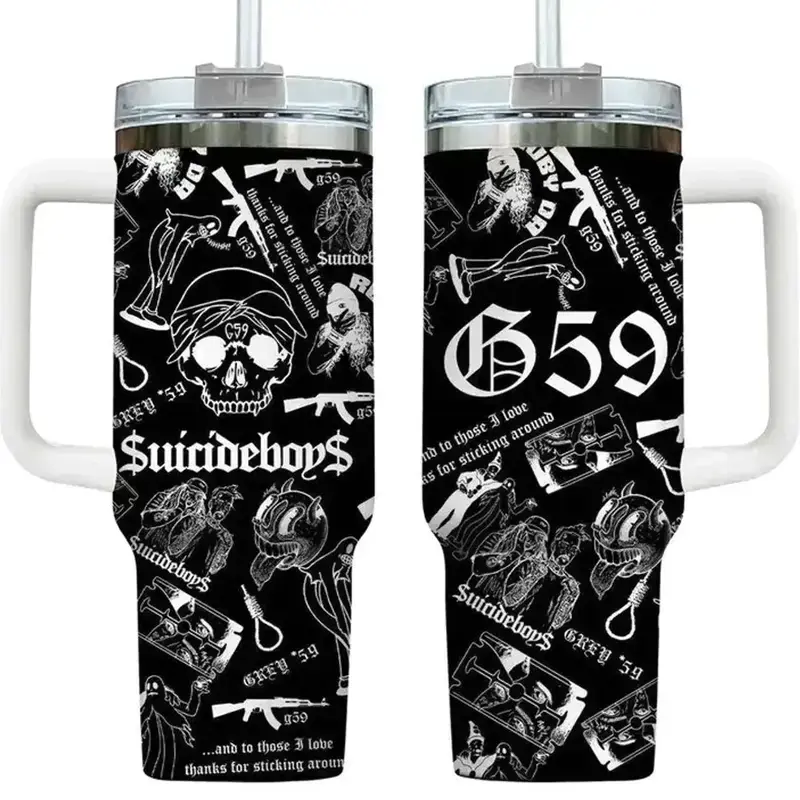 [Gift box and straw] G59 Grey Five Nine Suicideboys 40oz Insulated Tumbler, Multicolor Skull Collage Aesthetic Travel Mug, Dark Trap Goth Underground Rap Style Cup, Premium Stainless Steel Heat Cold Retention Drinkware