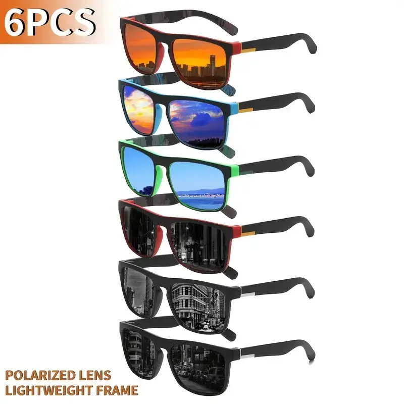 Paleshy 6-Pair Unisex Full-Rim Rectangle Sunglasses, Lightweight Plastic Frame with Polarised TAC Lenses for UV Protection & Glare Reduction, Comfortable, Full-Frame Construction