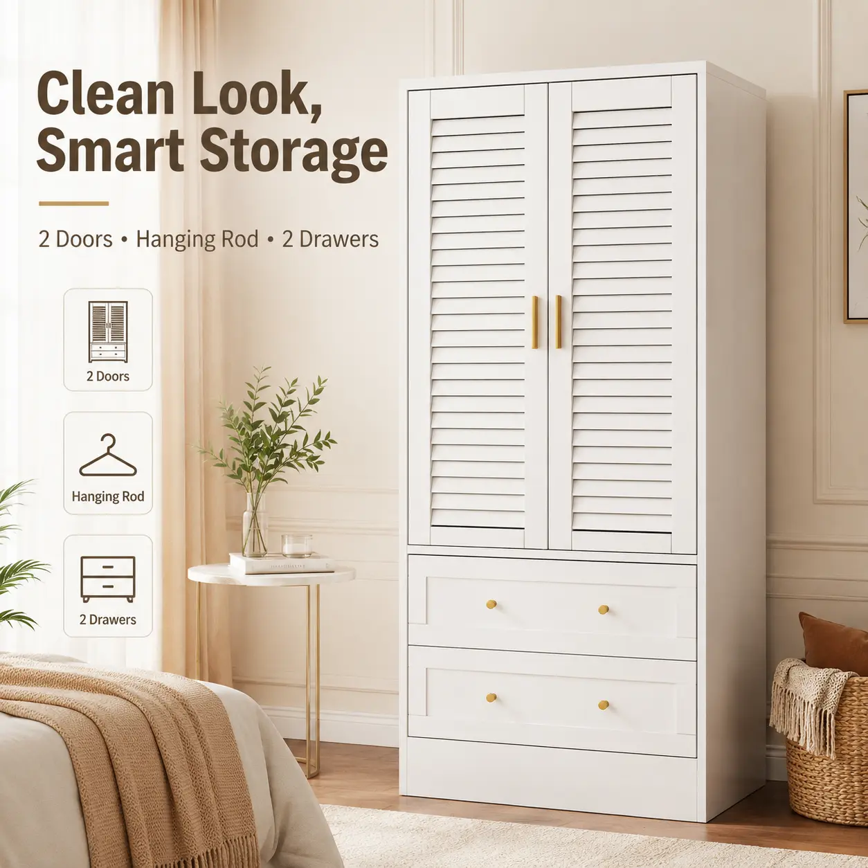 White Wardrobe Closet Armoire with 2 Doors and 2 Drawers, Freestanding Wooden Bedroom Storage Cabinet with Hanging Rod and Shelves