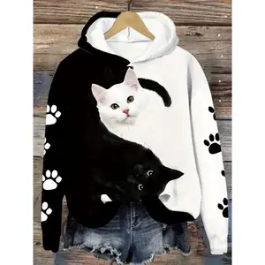 Casual Cozy Cat Print Polyester Blend Hoodie - Women's Long Sleeve Pullover with Kangaroo Pocket, Machine Washable