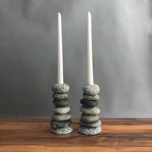 Cairn Candlestick - Pair of 2 - by Funky Rock Designs Natural Stone Candle Holders with Stacked Sea-Stones, Rustic Coastal Home Décor for Taper Candles, Handmade Textured Rock Candle Stands, 7" Tall