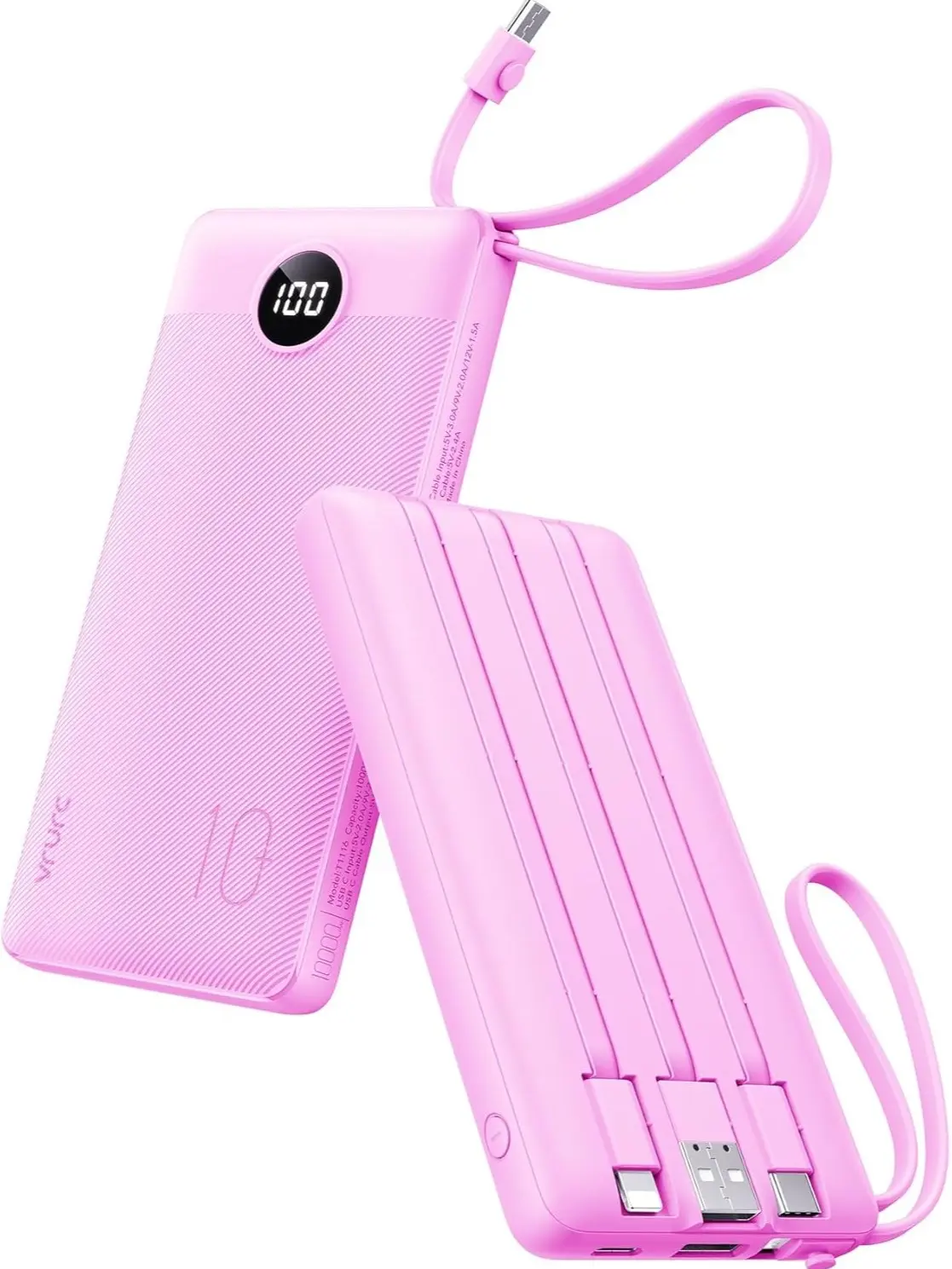 VRURC 10000mAh  Power Bank, Cute Slim Multi-Device Portable Charger with Built-in Cables for iPhone, Android - Purple