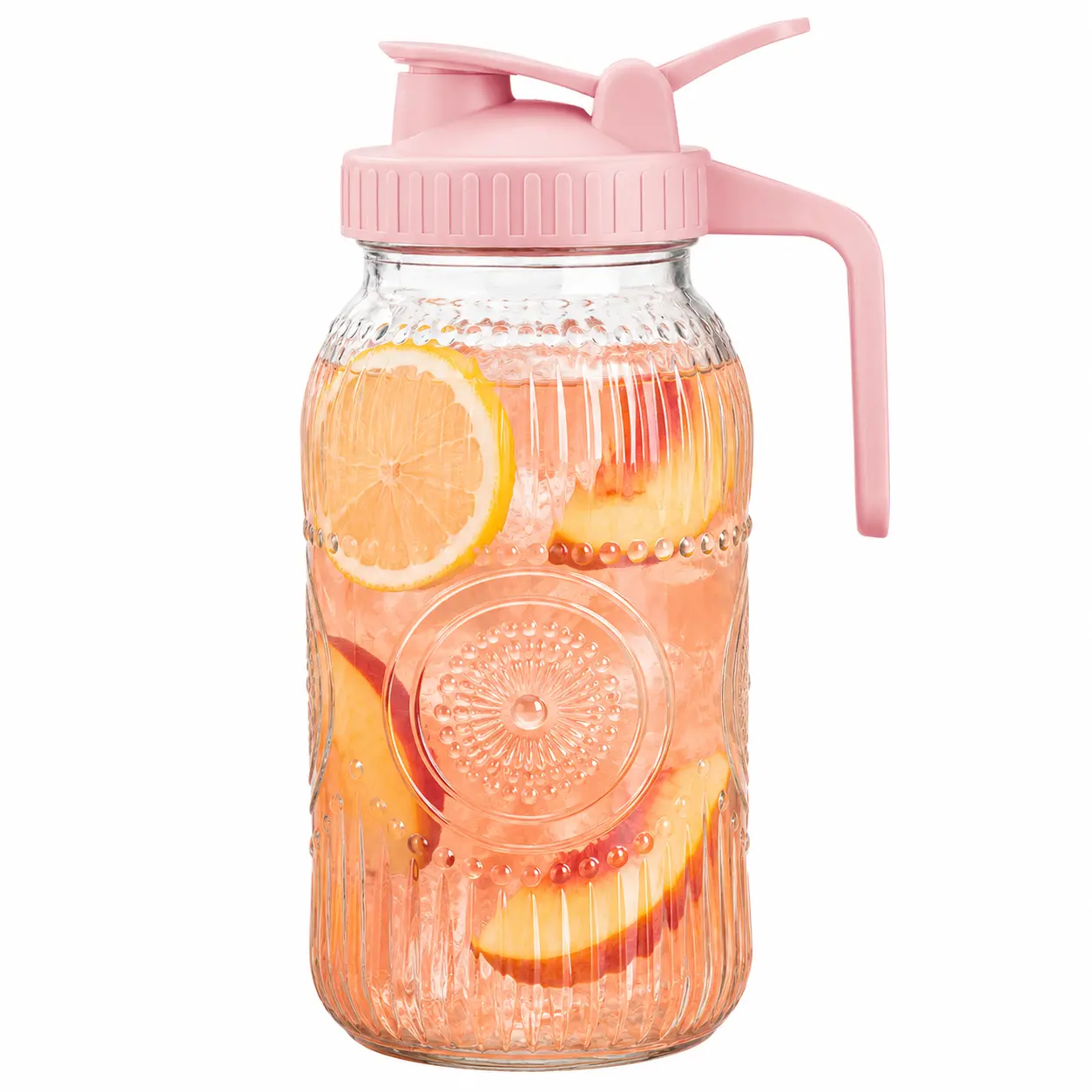 64oz Heavy Duty Wide Mouth Glass Mason Jar Water Pitcher - Silicone Pour Spout, Handle, Lid - Lemonade Jug for Ice Cubes, Fridge Storage, Cold Brew Coffee, Wide‑Mouth Pour
