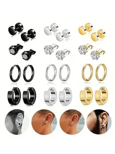 Men's Stainless Steel Synthetic Zircon Earrings Set, Punk Style Ear Studs, Statement Earrings, Earring Stacking Set, 12 Pairs, Ideal for Daily Wear and Gifts