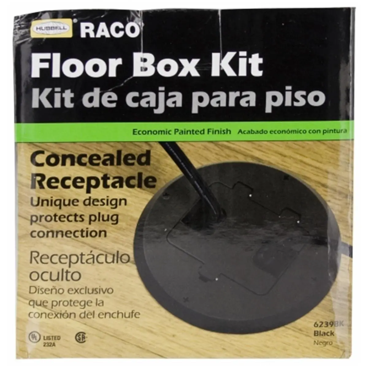 Hubbell Electric Raco Single Black Concealed Receptacle Floor Box Kit, 5.85 in x 5.85 in x 5.5 in, 125V 15A, Compatible with Wood & Tile Floors, Protects Plug Connection, Fits Any Room, Includes Complete Instructions, 5.85 X 5.85 X 5.5 In