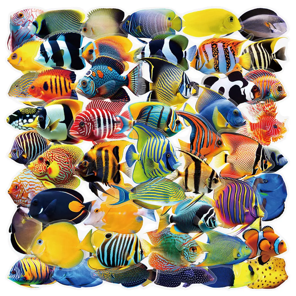 50Pcs Transparent Marine Fish Stickers Waterproof Vinyl Decals for Water Bottle Phone Case Scrapbook