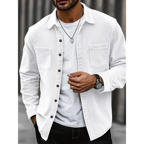 Popular corduroy material men's casual shirt jacket with lapel buttons, long sleeved cardigan, double patch pocket design suitable for daily leisure, fashion, simplicity, commuting, street fashion, spring and autumn long sleeved shirt