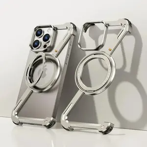 Z -Shape Aluminum Alloy Rimless Magnetic Phone Case For iphone 16Pro 15 14 13 Plus Pro Max Metal Holder Magsafe Shockproof Hard
