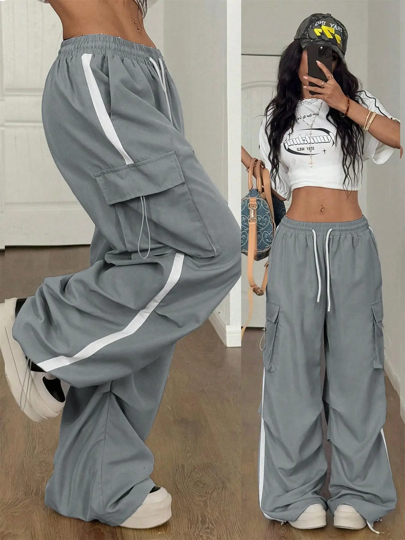 Women Loose Fitted Woven Cargo Pants Casual Elastic Adjustable Drawstring Waist Straight Leg Pants Trendy Color Block Edge Rolling Strip Desgin Daily Hiking Streewear Outdoor Activities Bottoms Spring Fall Winter Clothes