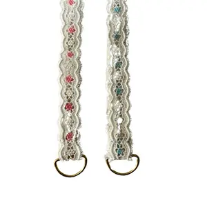 White lace wristlet keychain with pink or blue flowers, cute coquette style