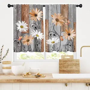 Orange Floral Kitchen Window Curtain Panels Short Small Cafe Mini White Grey Daisy Rustic Decorative Drapes Rod Pocket 27.5x39 Inches Bedroom Curtain Set for Living Room Bathroom Kitchen Decor