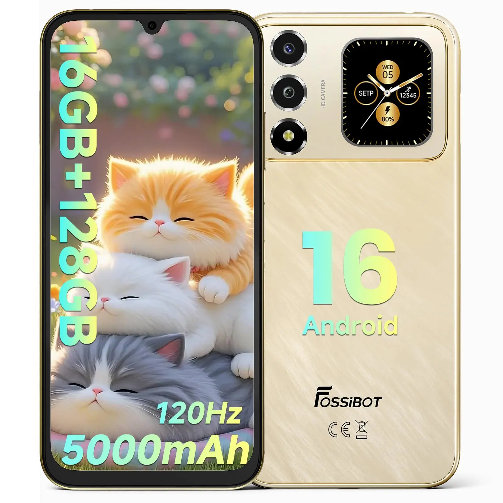 FOSSIBOT S7 | 2026 | Android 16 | 16(4+12)+128GB | up to 1TB | Unlocked Cell Phones | 120hz | 5000mAh | 6.9''FHD | 1080p 60fps Encode |16MP AF | GPS | Dual SIM | 4G | AI Recognition | Beauty | Luxury Gold