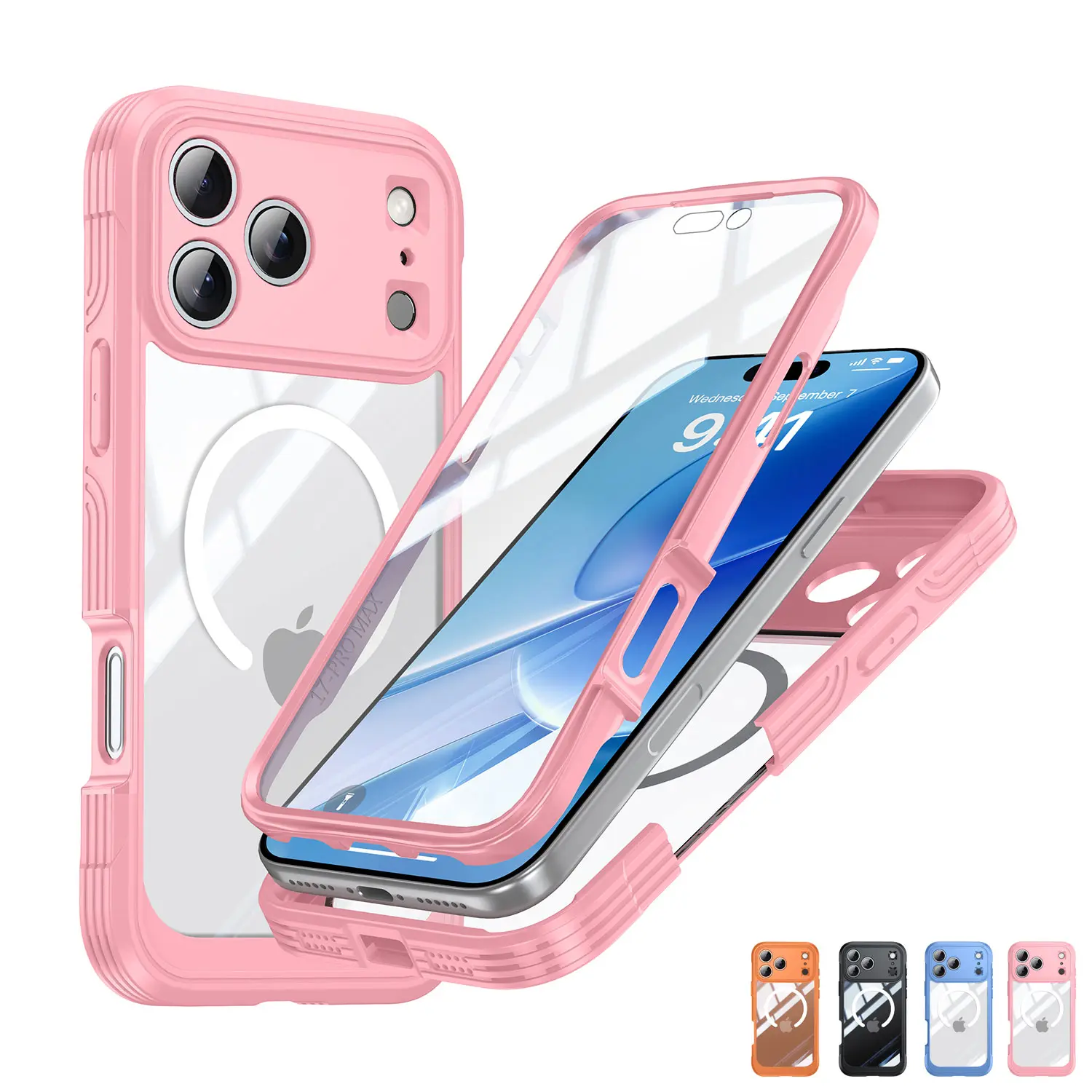 3-Layer Full Cover For iPhone 17 Pro Max 16 15 14 Case - 360 Full Body Built in Screen Protector Heavy Duty Compatible with MagSafe Phone Cover,Military Grade Rugged Pink Cover
