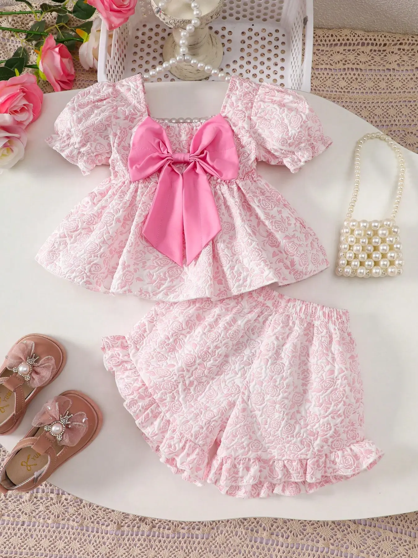 Baby Girl Cute Elegant Summer Two-Piece Set, New 2026 Design, Square Neck Bubble Sleeve Top + Lace Shorts, Outdoor Casual/festival Photography, Clothes