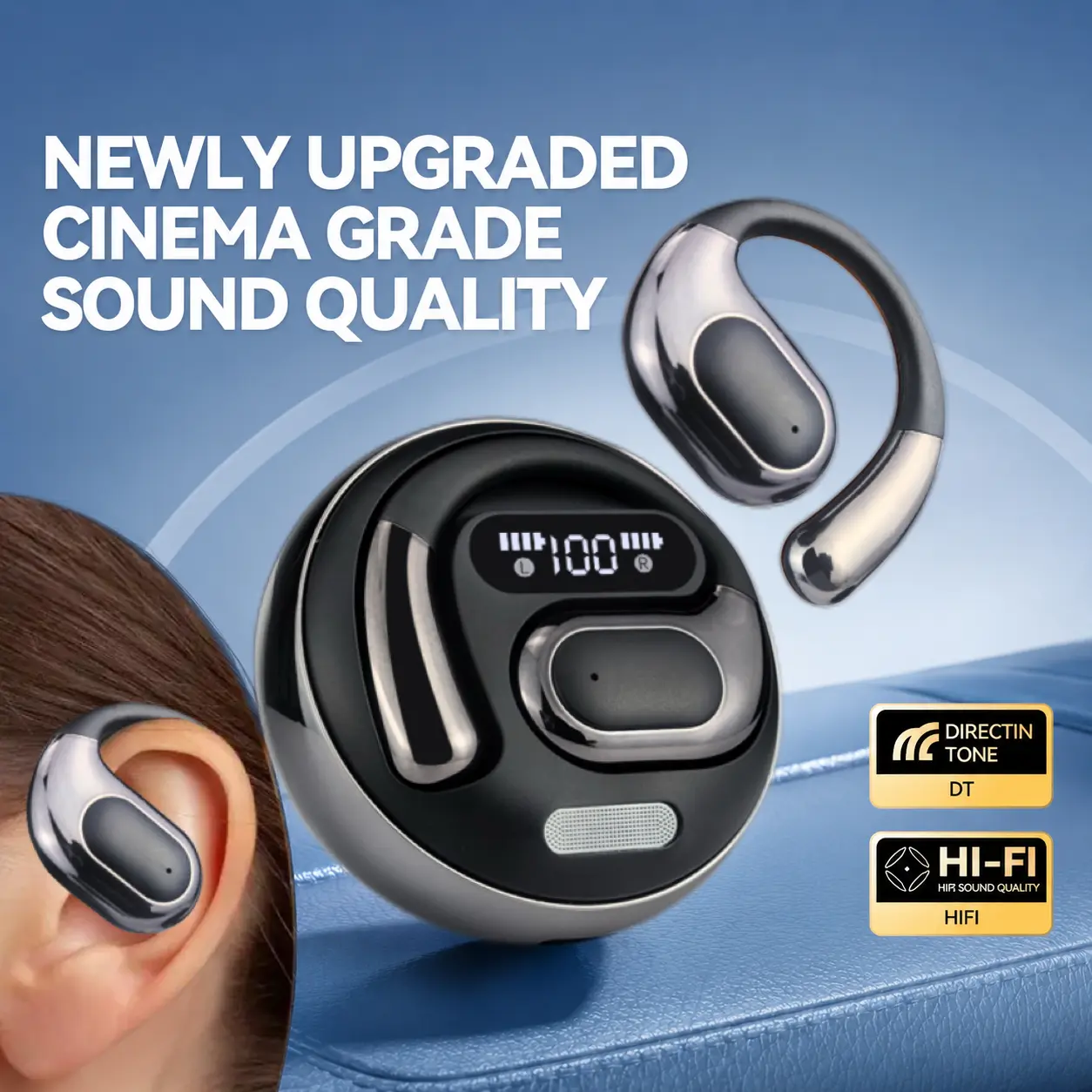 HEARNICE Open Ear Wireless Earbuds - Bluetooth 5.4 Dual Core Clip-On On-Ear Headphones with LED Digital Display Round Charging Case, Spatial Stereo 0 Latency, Touch & Voice Control, Type-C Fast Charging for Mobile iPhone Android Gaming Workout