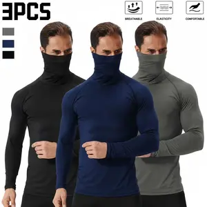 3 Pack Men's Compression Long Sleeve Shirts with Built-in Face Mask - Quick Dry Sun Protection Running Base Layer, High Stretch Moisture Wicking Neck Gaiter Tops for Fishing Cycling Gym, Breathable Outdoor Sportswear | Athletic Performance Gear