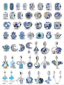 1PC Blue Color Series Plant Flower Animal Bead Pendant Thanksgiving Christmas Beads and Pendant Bracelet Making DIY Gift Ladies Daily Wear With Charms Chains Heart Design Charm