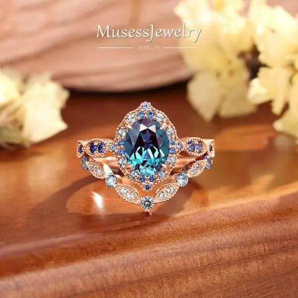 Oval Alexandrite Bridal Ring Set, Open Stackable Design