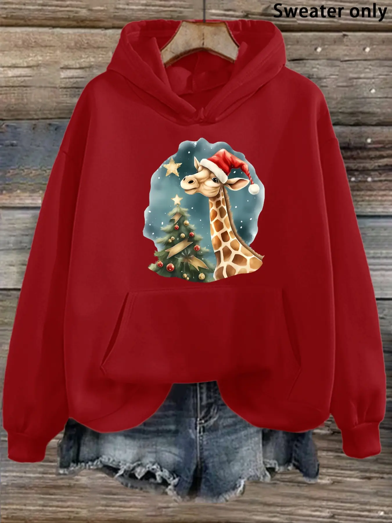 Christmas Giraffe Print Drawstring Hoodie, Cute Cartoon Design, Soft & Warm Winter Wear, Fitted Casual Style for Holiday Season