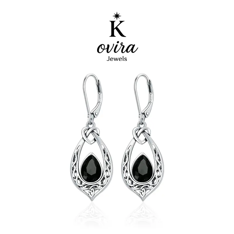 Kovira S925 Sterling Silver Vintage Black Obsidian Celtic Teardrop Earrings for Women, Everyday Wear, Dark Feminine Protection Gift, Vintage Celtic Amulet