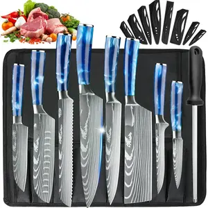 9PCS Kitchen Knife Set with Rolling Bag Blue Resin Handle Professional Chef, Santoku, Cleaver, Paring Knife for Meat Fruit Vegetable Multi-purpose Knife Ultra Sharp Stainless Steel for Home Cooking Outdoor Camping with Sharpening Rod#fathersdaygift