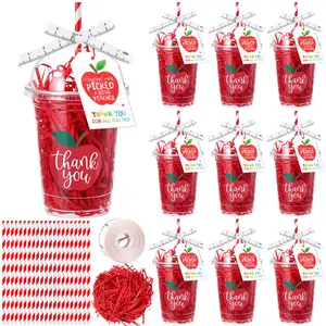 6/12 Sets End of Year Teacher Tumbler Gifts Card Holder Bulk Notebook Apple Containers Plastic Cups with Cards Straw Ribbon Raffia Thank You Gifts for Teachers Coworkers for Teacher Appreciation Week Cup Holder Basket Gift Graduation End of Year Ornament