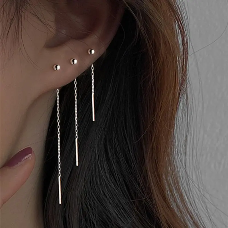 Stainless Steel Dangle Earring Geometric Ball Long Tassel Chain Drop Earrings For Women Minimalism Ear Line Kpop Jewelry