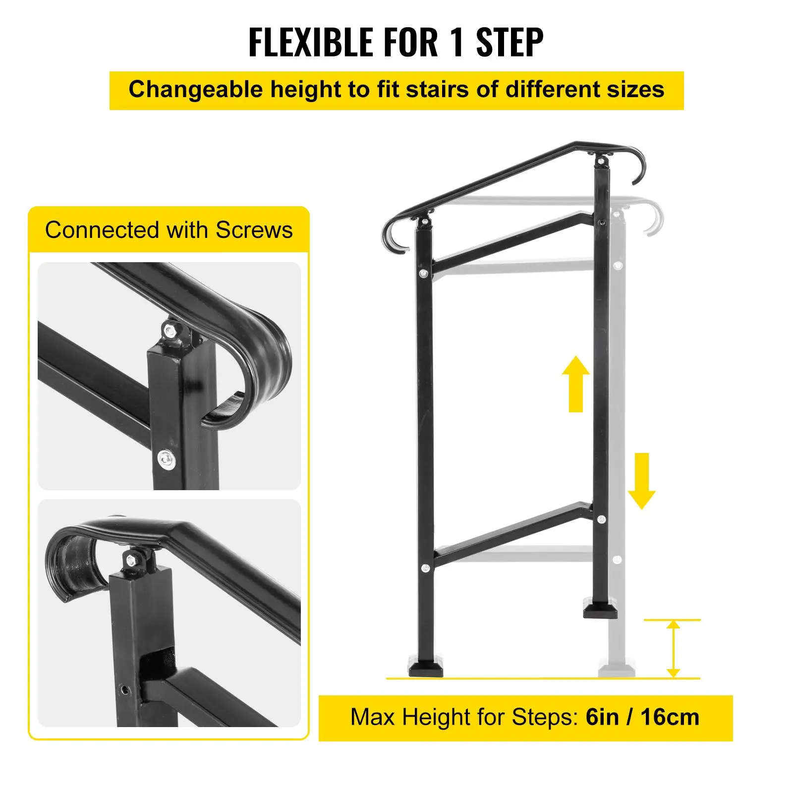 【Summerfinds】VEVOR Wrought Iron Outdoor Stair Railing, Adjustable for 1-2 Steps, Black Transitional Handrail for Concrete Steps & Gardens, 13.4 in Between Posts, 2 x M6 Bolts, Installation Kit for Elderly Safety, Metal, Pregnant, Max 6.3", Residential, St