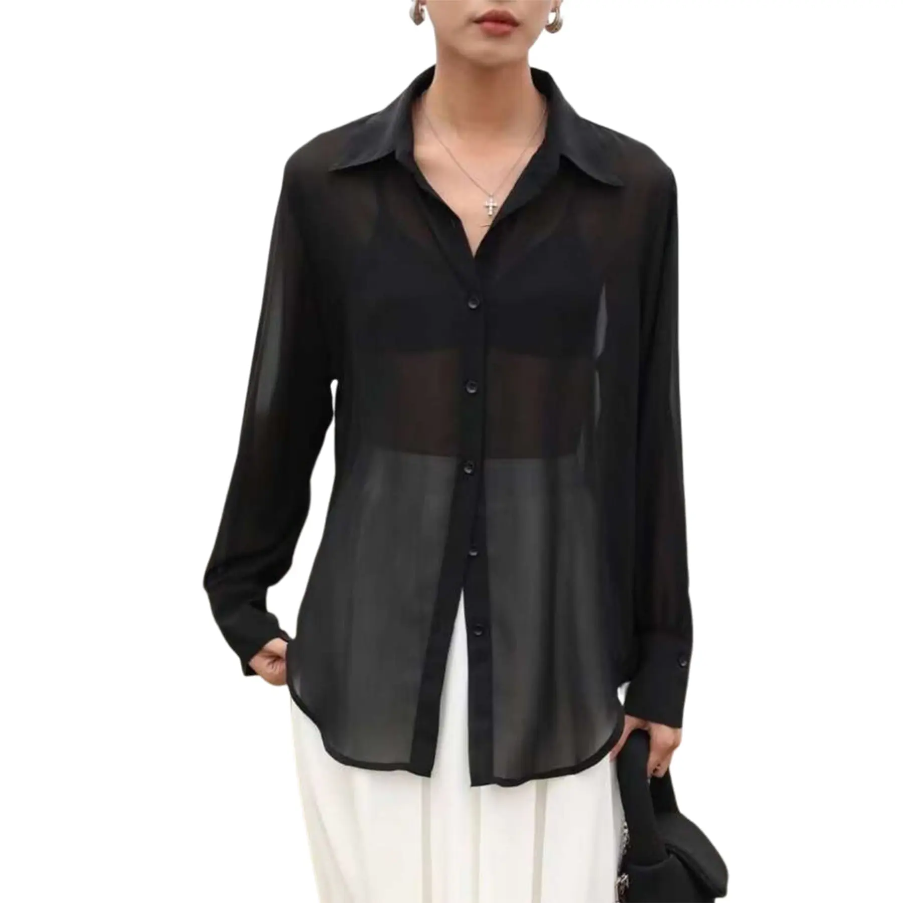 SHEEN Women's Long Sleeve Sexy See Through Top Fashion Black Trendy Mesh Blouse Vintage Casual Cute Summer Outfit Comfortable Fit Oversized Shirt Sheer Button Up Blouse Mesh Shirt Basic Soft