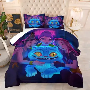 K-Pop Anime Girl Group Printed Comforter Set, Includes 1 Filled Blanket and 1-2 Coreless Pillowcase, Blue Glowing Cute Pet & Girl Group Design, Comfortable Fabric, Bedroom Decoration or Gift for Fans, Bedspread Set